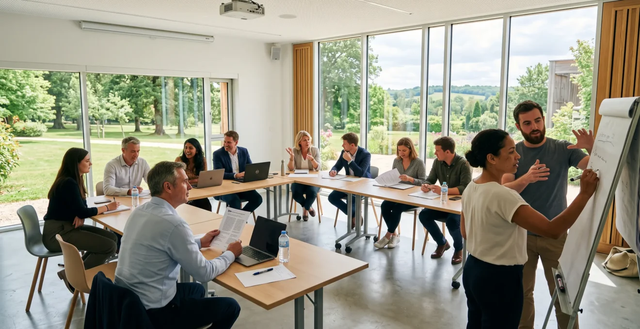 Équipe professionnelle de 10 personnes en session de travail collaboratif dans une salle de séminaire moderne lumineuse avec grandes baies vitrées ouvrant sur un parc arboré, participants debout autour d'une table utilisant paperboard et documents, lumière naturelle abondante, mobilier contemporain, ambiance concentrée et engagée