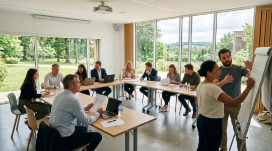 Équipe professionnelle de 10 personnes en session de travail collaboratif dans une salle de séminaire moderne lumineuse avec grandes baies vitrées ouvrant sur un parc arboré, participants debout autour d'une table utilisant paperboard et documents, lumière naturelle abondante, mobilier contemporain, ambiance concentrée et engagée