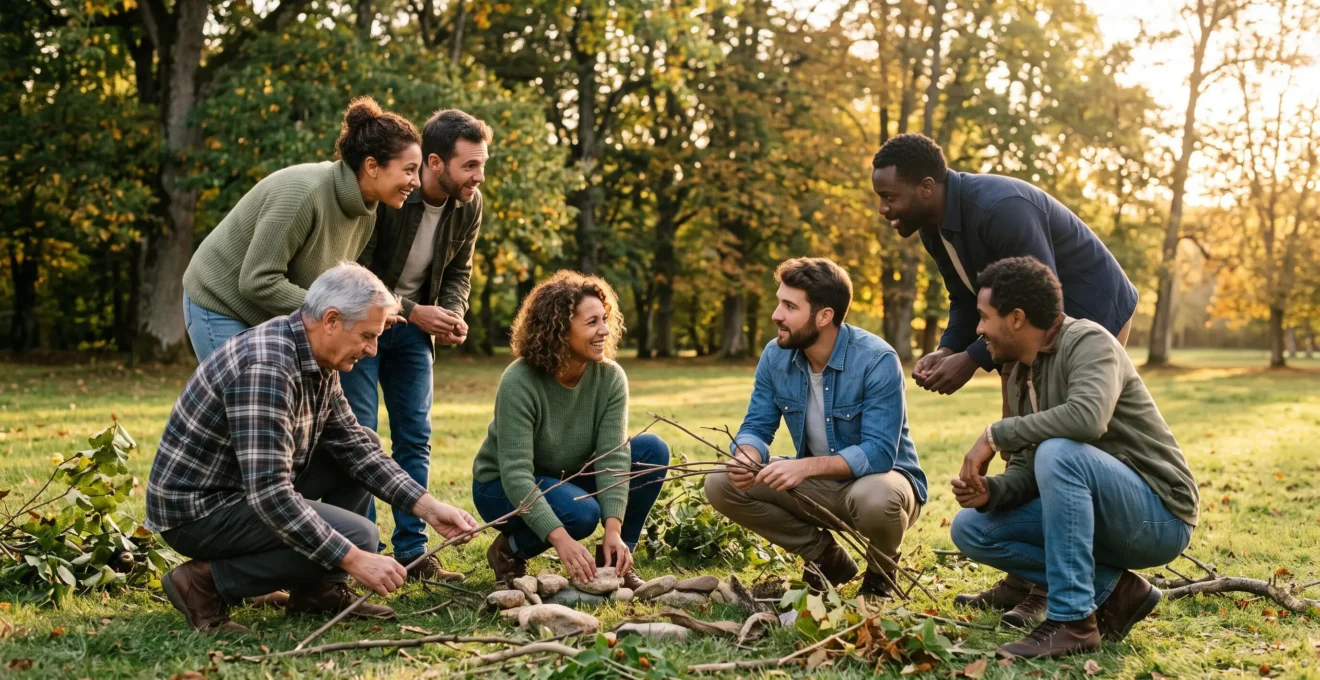 Groupe de 7 professionnels en tenue décontractée participant à un atelier créatif team-building en plein air dans un parc arboré, manipulant branches et matériaux naturels en cercle sur la pelouse, lumière dorée de fin d'après-midi, ambiance collaborative et engagée