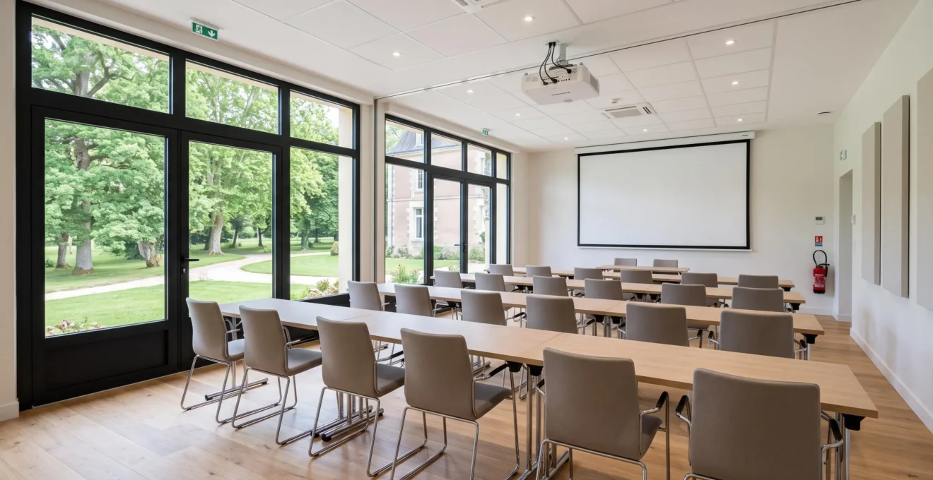 Intérieur d'une salle de séminaire moderne vide avec rangées de chaises de conférence contemporaines, écran de projection et vidéoprojecteur au plafond, grandes baies vitrées ouvrant sur un parc arboré verdoyant, lumière naturelle abondante, décor épuré blanc et bois clair, ambiance professionnelle sereine